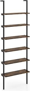 COSTWAY 6-Tier Ladder Shelf, Industrial Wall Bookcase Shelving Unit Display Rack, Metal Frame Wooden Wall Mounted Bookshelf Tall Storage Shelves for Living Room Bedroom Office, 183cm (Grey Oak)