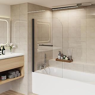 Aquariss 800x1400 Bath Screen Pivot Bath Shower Easy Clean Glass Screen Reversible Door Panel Black with Towel Rail