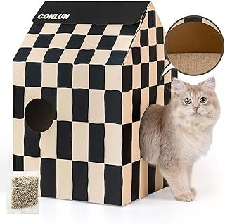 Cardboard Cat House with Scratching Board & Catnip, Cat Play Scratch House for Indoor Hideaway Furniture, Heavy Duty Sturdy Cardboard Scratcher, Easy to Assemble Birthday Gift