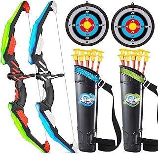 2 Pack Bow And Arrow for Kids- Light Up Archery Toy Set, Comes with 2 Led Lighted Bows, 20 Suction Cup Bows, 2 Quivers and 2 Target Targets for Outdoor Archery Game Sports for Boys and Girls.