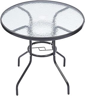 Panana 80cm Round Garden Dining Table with Parasol Hole, Outdoor Coffee Table with Tempered Glass Tabletop, Metal Frame for Backyard, Patio, Balcony