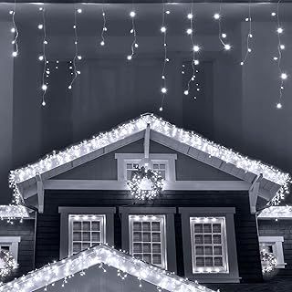 ANSIO® Outdoor Christmas Lights 220 LED 7.5m/24ft Icicle Lights Outdoor & Indoor Cool White Decorations String Fairy Outside Lights with Timer for Xmas Garden Bedroom & Party|Mains Powered White Cable