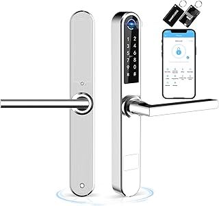 Slim Smart Fingerprint Door Lock with Handles, Keyless Entry Door Lock, Bluetooth Fingerprint Keypad Card Keyless Unlock for Aluminum Swing Wooden Door(Silver)