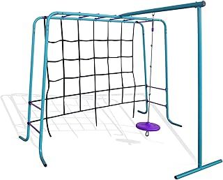 Play Metal Monkey Bars Multiplay Climbing Frame with Cargo Net Climb Wall - Disc Swing Accessory - Sliding Pole with Safety Stand - Outdoor Garden Multiplay Set - Suitable from 3 Years Plus