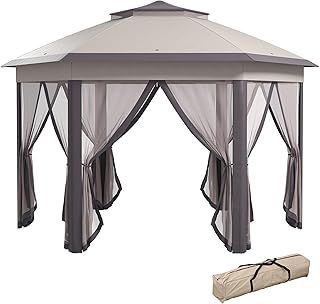Outsunny 3 x 4m Garden Gazebo Hexagon Pop Up Gazebo Party Tent Canopy Double Roof Instant Shelter with Netting and Carry Bag for Outdoor Patio, Beige