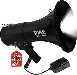 Pyle 50W Megaphone Speaker with Microphone, Loud Bullhorn Megaphones with Siren & Adjustable Volume, Loud Hailer Mega Phone, IndoorOutdoor Use, Rechargeable, Perfect for Police, Football, Kids & More