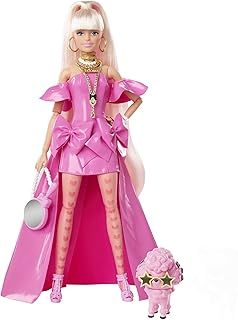 BARBIE BRAND Extra Fancy Doll in Pink Glossy High-Low Gown, with Pet Puppy, Extra-Long Hair & Accessories, Flexible Joints, Toy for 3 Year Olds & Up, HHN12, Multicolor