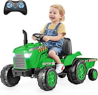 Maxmass 12V Kids Ride on Tractor, Battery Powered Electric Car with Detachable Trailer, Remote Control, Wireless Connection, USB, Music, Electric Construction Vehicle for 3-8 Years Old (Green)