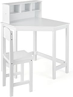 GYMAX Kids Desk and Chair Set, Children Study Table with Chair and Hutch, Wooden Corner Desk for Kid’s Bedroom, White