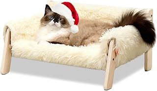 MEWOOFUN Large Cat Bed Sturdy Wooden Leg Raised Cat Sofa Bed Kitten Bed for Indoor Cats - Soft Cat Couch with Removable Cover Hold up 15kg, 56x45cm White