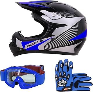 Zorax ZOR-X19 Blue L (53-54cm) Predator Kids Motocross Motorbike MX Helmet ECE2206 & Gloves L (7cm) & Goggles