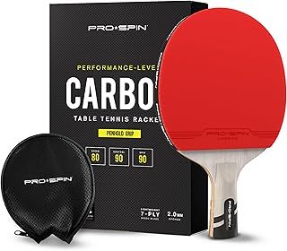 PRO SPIN Table Tennis Bat with Carbon Fibre | Penhold Grip | Elite Series 7-Ply Blade, Premium Rubber, 2.0mm Sponge & Rubber Protector Case