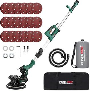 POSENPRO Drywall Sander, 810W 7A Electric Drywall Sander with Vacuum Auto Dust Collection, Variable Speed 500-2100RPM Power Wall Sander with 18 Pcs Sanding Discs, LED Light, Extension Handle