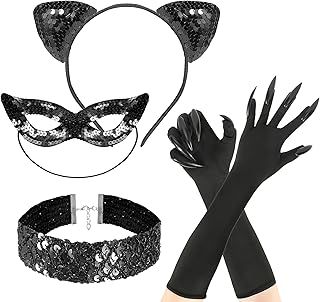 Hifot Black Cat Costume for Women Cat Ear Headband Sequins Masquerade Mask Choker Necklace Cat Claw Gloves Catwoman Costume Accessories for Women Fancy Dress