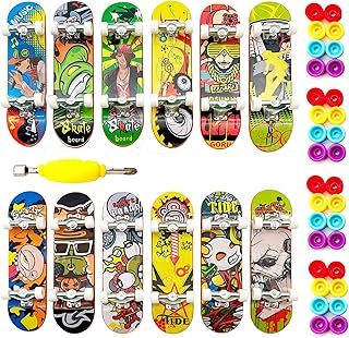 12 pcs Toy Finger Skateboard Fingerboards with 32 Interchangeable Wheels and Mini Screwdriver, Finger Boards Decks for Ramp Kit and Skatepark