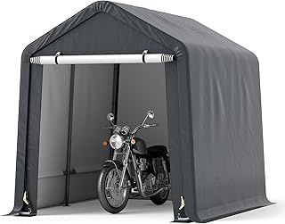 COSTWAY 7x5.2FT Garden Storage Shed, Waterproof Bike Tent with Roll-up Zipper Door, Ratchet Strap & Ground Stakes, Galvanized Steel Motorcycle Storage Shelter Carport for Patio Yard Garage