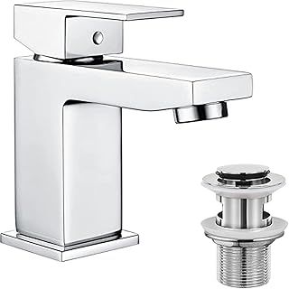 Basin Taps Square with Pop up Waste Bathroom Sink Mixer Taps with UK Standard Hoses, Single Lever Hot and Cold Basin Mixer Tap for Bathrooms