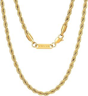 VEXXS Rope Chain, 18K Real Gold Plated Rope Necklace Mens Gold Chain, Durable No Color Fading 3mm 5mm Miami Cuban Link Chain Men’s Necklace 46-66cm