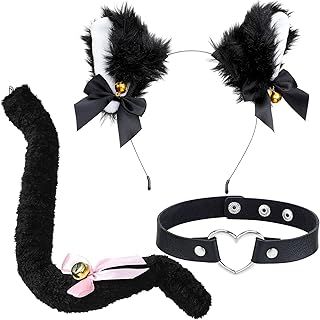 WILLBOND 3 Pcs Cat Costume Set Included Cat Ears and Tail with Bell and Leather Heart Choker for Women Fancy Dress up Halloween Birthday Carnival Accessorie