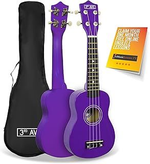 3rd Avenue Soprano Ukulele Beginner 21 Inch 4 Nylon Strings with Free Uke Bag – Purple – FREE 1 Month Online Lessons