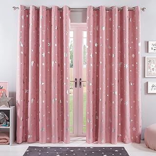 Dreamscene Galaxy Star Thermal Blackout Curtains PAIR of Eyelet Ring Top Panels Kids Girls Metallic Moon - Pink Blush, Width 46" x Drop 54"