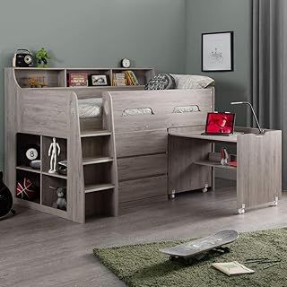 Grey Oak Wooden Kids Bed, Happy Beds Jupiter Mid Sleeper with Storage and Desk - 3ft Single (90 x 190 cm) Frame Only