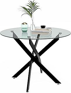 GOLDFAN Round Glass Dining Table Modern Kitchen Table with Gold Metal Legs for Dining Room (80cm-Gold)