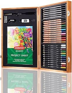 Derwent Academy Wooden Gift Box,Complete 35 Piece Art Set with Colouring Pencils,Pastels & Accessories, Ideal Collection for Drawing, Sketching & Crafts, Premium Hobbyist Quality Kit, 2300147