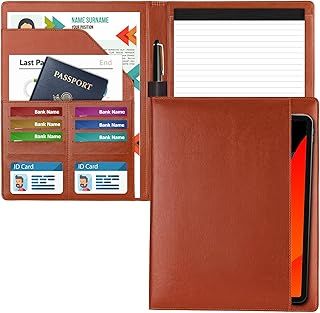 HAUTOCO Portfolio Folder A4 Conference Folder for Men Women, PU Leather Resume Document Organiser with Sleeves & Business Card Holder, Work Writing Pad Folder Padfolio for Office School, Brown