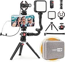 USKEYVISION Smartphone Video Vlogging Kit with Video Microphone, LED Light, Adjustable Grip, Metal Tripod for iPhone 15/14/13 Pro Max & Smartphones,Video Recording for YouTube,TikTok(V-Master)
