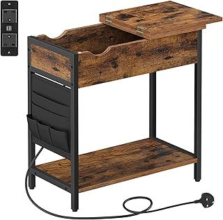 VASAGLE Slim Side Table with Charging Station, Narrow Bedside Table with Storage, End Table with USB Ports, Outlets, Fabric Bags, for Living Room, Bedroom, Rustic Brown and Black LET309B01