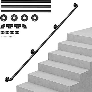 Wall Handrail for Stairs Steps, Black Metal Industrial Pipe Staircase Handrail for Indoor Outdoor Wall Mount Support, Wall Hand Railing,Safety Handle (Black, 200cm)
