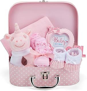 Girl Gift Set, Newborn Essentials, Baby Shower Gifts for Girls, Keepsake Box with Pink Unicorn Rattle, Bib, Booties, Mittens, Hat, Photo Frame & Muslin Cloth - Premium Baby Hamper