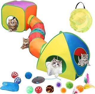 16PCS 3 in 1 Cat Tunnel Interactive Maze, Pop-Up Collapsible Rainbow Cat Toy with 12PCS Cat Toys, Foldable Pet Play Tunnel for Indoor Cats, Kittens, Puppies, Rabbits (Easy Storage & Gifts)
