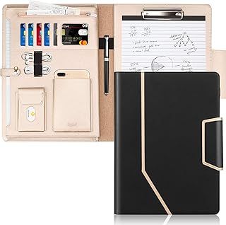 Toplive Portfolio Folder A4 Leather Conference Folder Business Padfolio Portfolio Case with Letter/A4 Size Clipboard, Document Bag, Card Holders for Business School Office Conference,Black