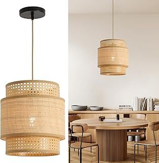 FORCOSO Vintage Boho Rattan Pendant Light, Wicker Shade Ø29 cm, E27, max.60W for Dining Room, Living Room, Bedroom, Hallway, Kitchen Island - Brown