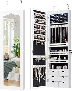CASART Wall & Door Mounted Jewellery Cabinet, 5 LED Lighted Lockable Jewelry Armoire with Full-Length Mirror, Adjustable Hanging Storage Makeup Box Jewelry Organizer (White)