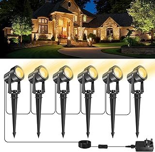 Garden Spot Lights, Garden Spike Lights Mains Powered, 6-in-1 LED Outdoor Landscape Spotlights with Adapter, IP65 Waterproof 5V LED Lighting for Lawn, Pathway, Yard(Warm White)