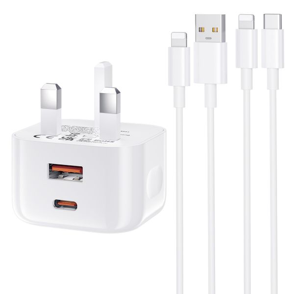 iPad Charger and Plug, 20W Dual iPad Fast Charger and Lightning Cable 1M