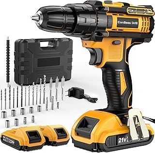 Cordless Drill Driver 21V, Hammer Drill with 2 Batteries 2000mAh, 25+3 Torque, 42N.m Max Electric Drill, 30PCS Drill Bits, 2 Speed, LED Light for Home and Garden DIY Project