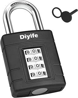 Heavy Duty Combination Padlocks Outdoor, [Weatherproof] Diyife 50mm Large 4-Digit Locker Padlock with 8mm Thick 304 Stainless Steel Shackle for Garage, Home, School, Gate, Shed, Fence, Gym (Black)