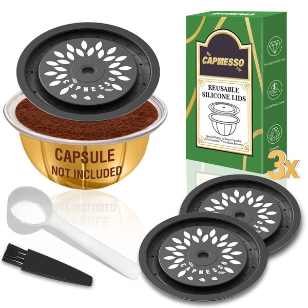CAPMESSO Reusable Coffee Capsule Lids for Reusable Nespresso Pods Vertuoline, Food Grade Silicone Caps for Every Sizes of Refillable Vertuoline Pods with Scoop and Brush(3PCS Silicone Caps-NO PODS)