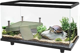 PawHut Turtle Tank, 28L Glass Turtle Aquarium with Basking Platform, Ramp, Easy Drainage, Strip Patch Thermometer, for Small Turtles, 45 x 25 x 29cm