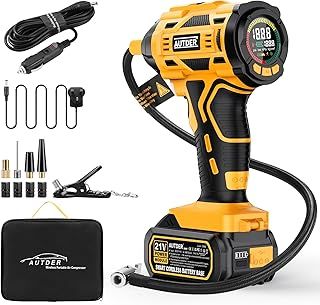 AUTDER Tyre Inflator Cordless Air Compressor, 21V Battery and 12V DC Cable Inflatable 180PSI Max Powered Portable Pump with Digital Pressure Gauge for Cars Motorcycles Bicycles Balls, Yellow