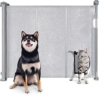 Ownpets Retractable Pet Gate Extra Wide and Extra Tall Indoor Outdoor Extends up to 180cm Wide, 79cm Tall, Cat Through Window, Grey