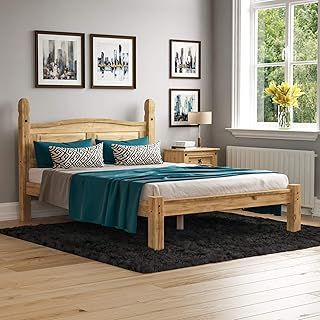 Vida Designs - Corona Double Bed, 4 ft 6, Low Foot End Bed Frame, Solid Pine Wood, Beige, 110 x 149 x 207 cm