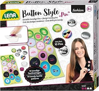 Lena 42566 - Handcraft set Button Style Pin, set for cool buttons with 10 metal badges, tools, 14 textile templates and slogans, fashion mode styling set for children from 8 years