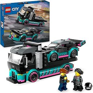 LEGO City Race Car and Car Carrier Truck Toy, Vehicle and Transporter Building Set for 6 Plus Year Old Boys & Girls with Adjustable Loading Ramp, Racer and Driver Minifigures, Fun Gift for Kids 60406
