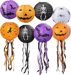 Ambandier Halloween Decorations Paper Lantern: 8 Pcs Halloween Pumpkin Hanging Paper Lantern with Tassels, 8 Inch Funny Jack-O-Lantern for Indoor Outdoor Tree Home School Garden Theme Party Decoration