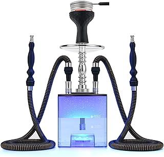 Hookah Set with Everything - Kitosun Updated Cube Modern Shisha include Vulcan HMD Silicone Phunnel Bowl Silk Pipe Coal Tongs Remote LED Light for Great Smoking | Easy Cleaning Easy Inhale (2-hoses)